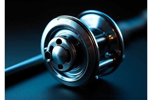 A gleaming, high-end modern fishing reel, showcasing its intricate engineering